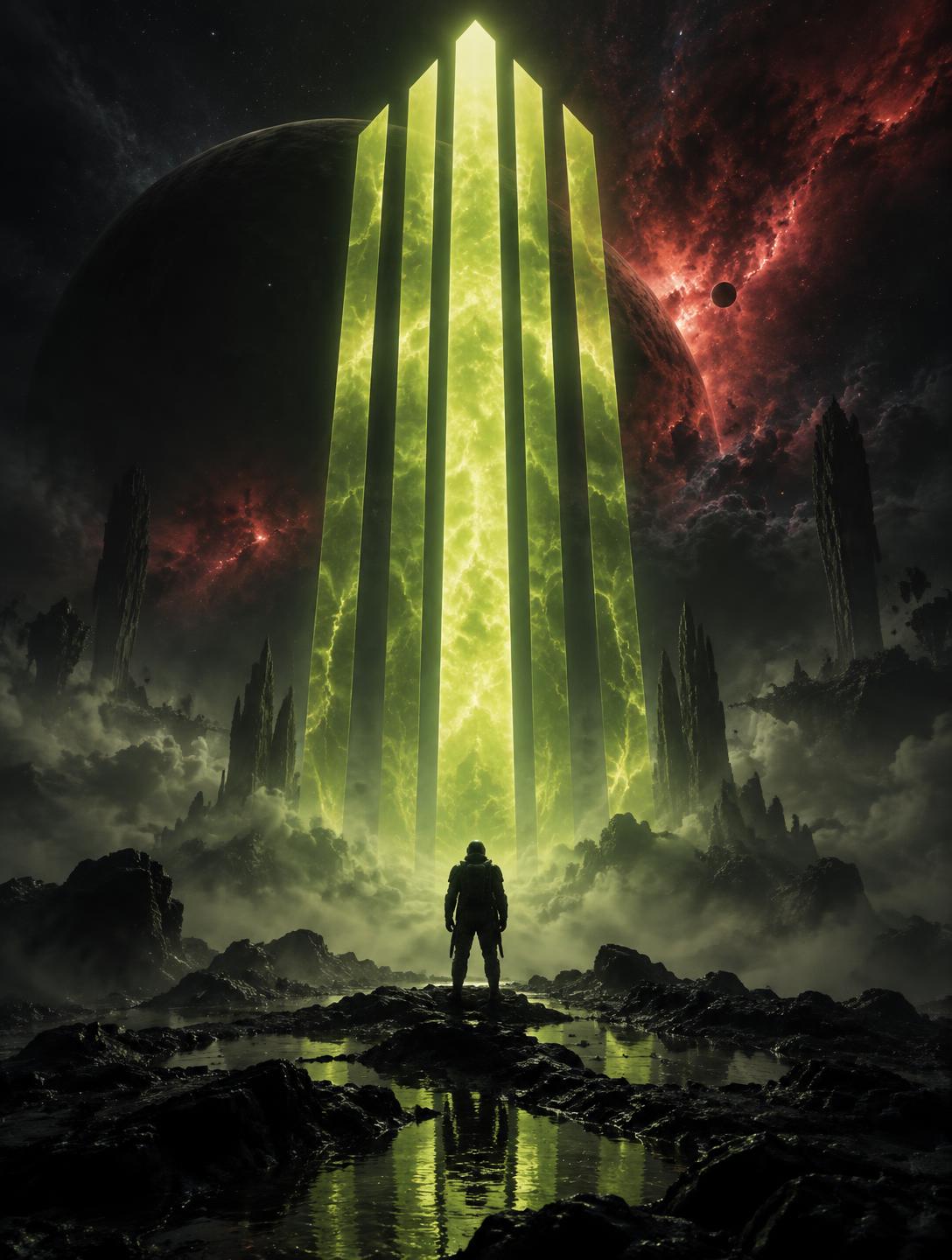 An explorer facing the luminous crown monolith in deep space